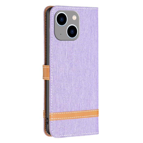 For iPhone 15 Plus Color Block Denim Texture Leather Phone Case(Purple)