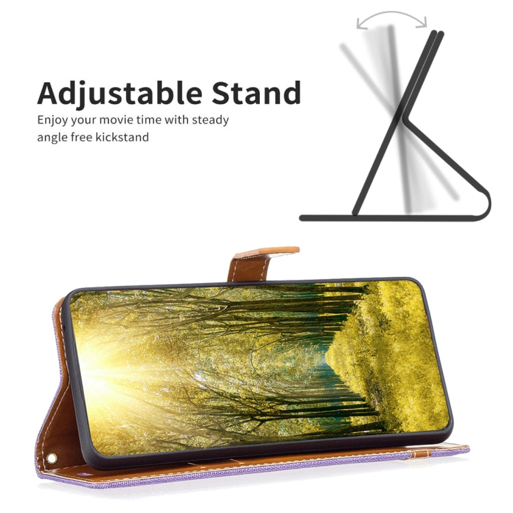 For iPhone 15 Plus Color Block Denim Texture Leather Phone Case(Purple)