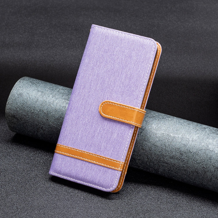 For iPhone 15 Plus Color Block Denim Texture Leather Phone Case(Purple)