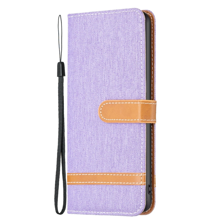 For iPhone 15 Color Block Denim Texture Leather Phone Case(Purple)