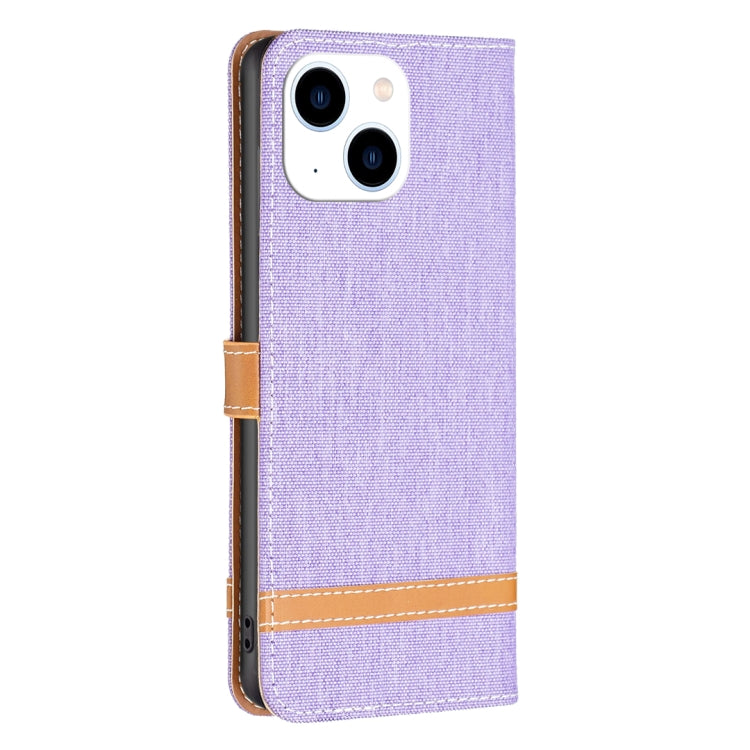 For iPhone 15 Color Block Denim Texture Leather Phone Case(Purple)