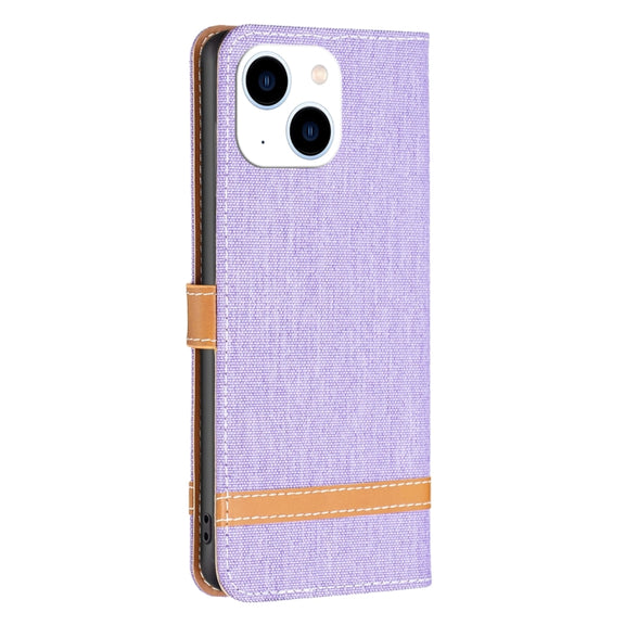 For iPhone 15 Color Block Denim Texture Leather Phone Case(Purple)
