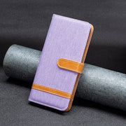 For iPhone 15 Color Block Denim Texture Leather Phone Case(Purple)