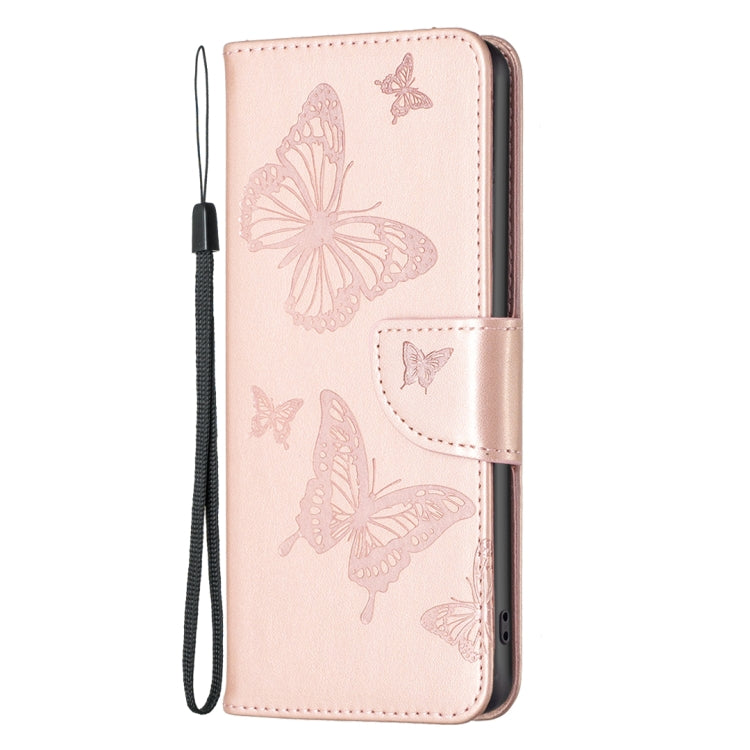 For iPhone 15 Plus Embossing Two Butterflies Pattern Leather Phone Case(Rose Gold)