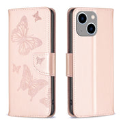 For iPhone 15 Plus Embossing Two Butterflies Pattern Leather Phone Case(Rose Gold)