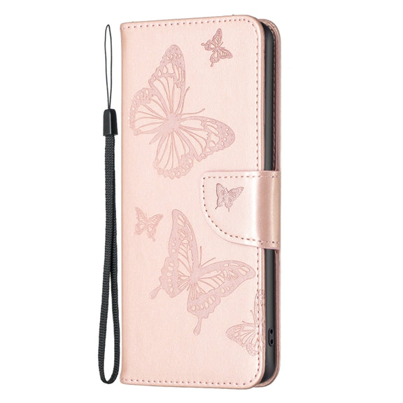 For iPhone 15 Plus Embossing Two Butterflies Pattern Leather Phone Case(Rose Gold)