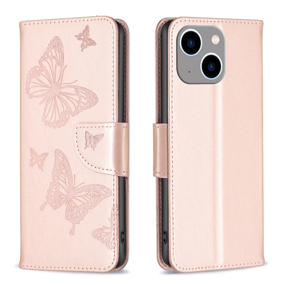 For iPhone 15 Plus Embossing Two Butterflies Pattern Leather Phone Case(Rose Gold)