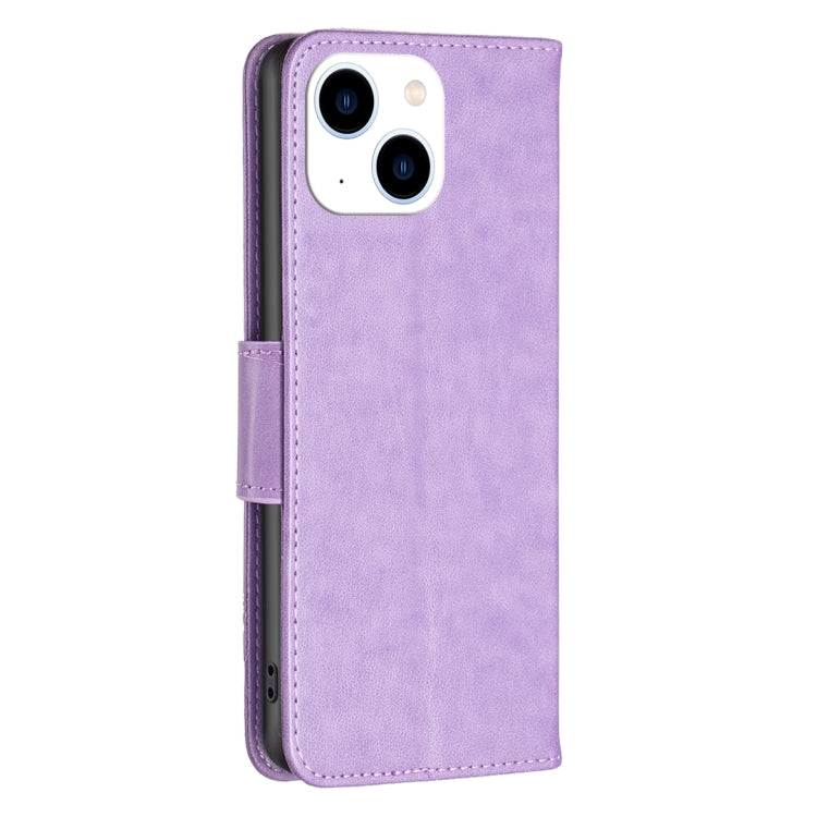 For iPhone 15 Embossing Two Butterflies Pattern Leather Phone Case(Purple)