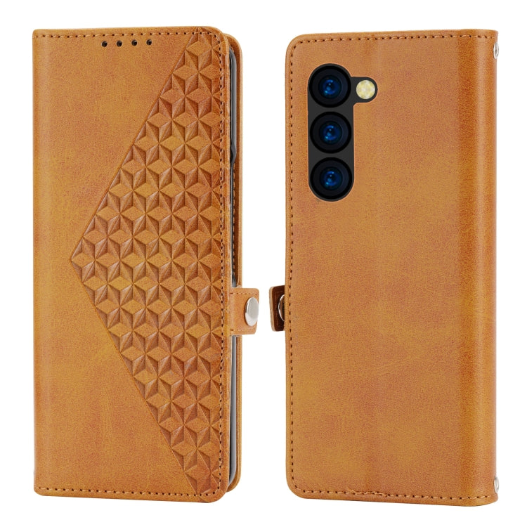 For Samsung Galaxy Z Fold5 Cubic Grid Calf Texture Magnetic Leather Phone Case(Yellow)