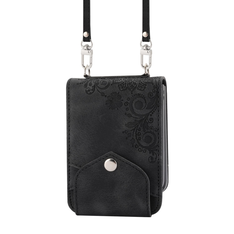 For Samsung Galaxy Z Flip5 Skin Feel Flowers Embossed Wallet Leather Phone Case(Black)