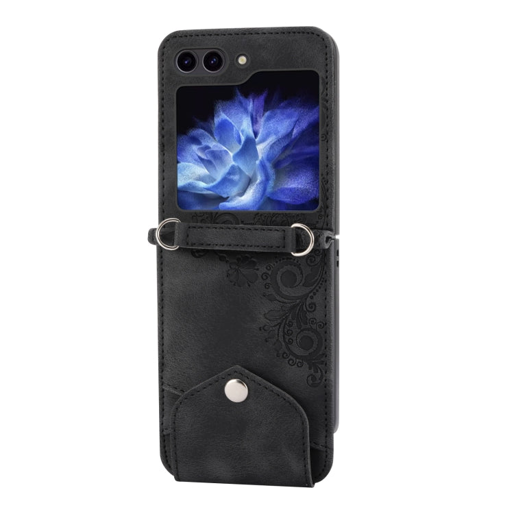 For Samsung Galaxy Z Flip5 Skin Feel Flowers Embossed Wallet Leather Phone Case(Black)
