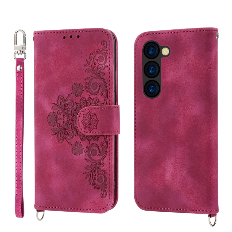 For Samsung Galaxy Z Fold5 Skin Feel Flowers Embossed Wallet Leather Phone Case(Wine Red)