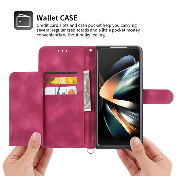 For Samsung Galaxy Z Fold5 Skin Feel Flowers Embossed Wallet Leather Phone Case(Wine Red)