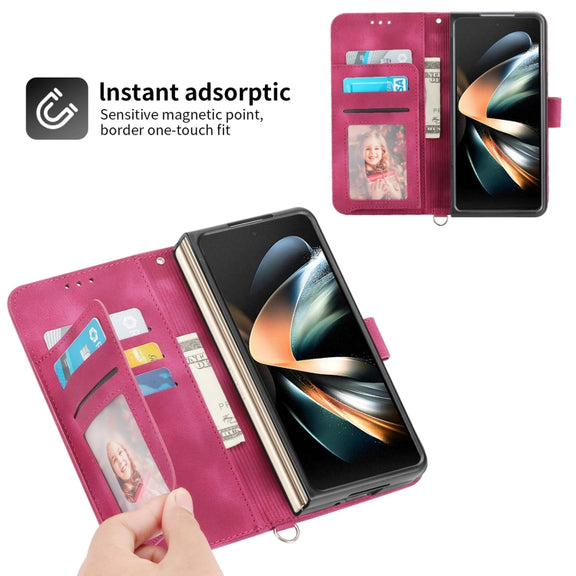 For Samsung Galaxy Z Fold5 Skin Feel Flowers Embossed Wallet Leather Phone Case(Wine Red)