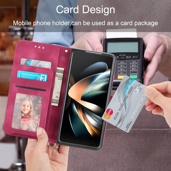 For Samsung Galaxy Z Fold5 Skin Feel Flowers Embossed Wallet Leather Phone Case(Wine Red)