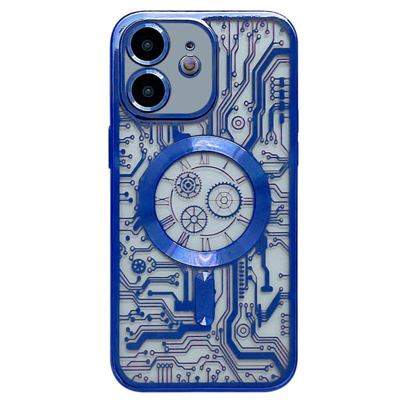 For iPhone 11 Electroplated Circuit Board Pattern MagSafe Phone Case(Dark Blue)