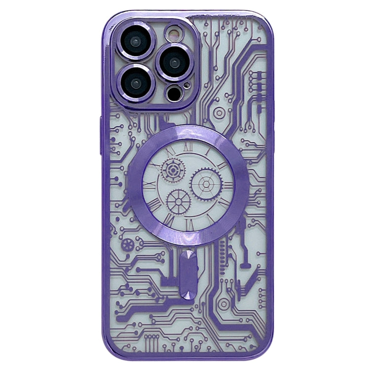 For iPhone 14 Pro Electroplated Circuit Board Pattern MagSafe Phone Case(Purple)