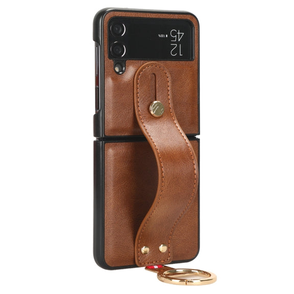 For Samsung Galaxy Z Flip4 Wristband Leather Back Phone Case(Brown)