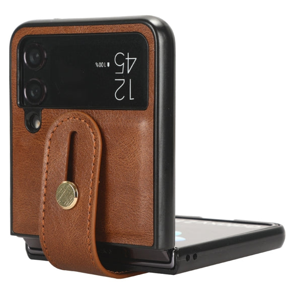For Samsung Galaxy Z Flip4 Wristband Leather Back Phone Case(Brown)