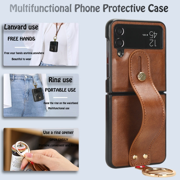 For Samsung Galaxy Z Flip4 Wristband Leather Back Phone Case(Brown)
