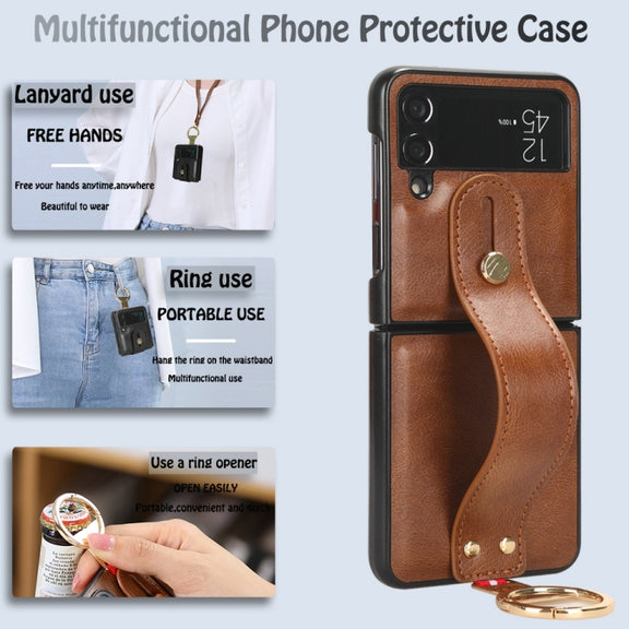 For Samsung Galaxy Z Flip4 Wristband Leather Back Phone Case(Brown)