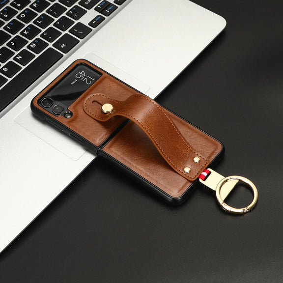 For Samsung Galaxy Z Flip4 Wristband Leather Back Phone Case(Brown)