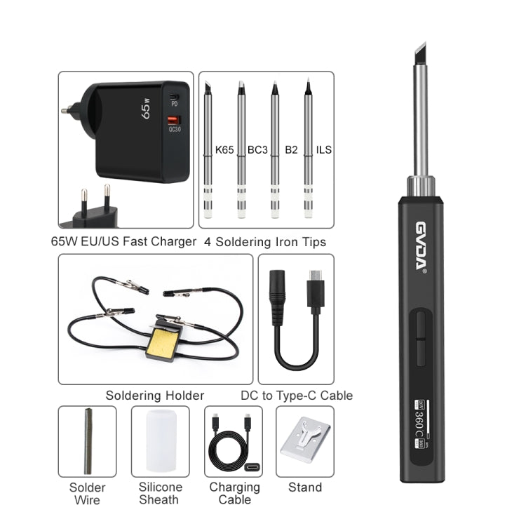 GVDA GD300 Intelligent Internal Heating Digital Display Constant Temperature Maintenance Electric Soldering Iron with 65W Charger+4 Tips+Stand Set