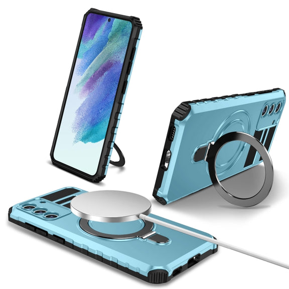 For Samsung Galaxy S21 FE 5G MagSafe Magnetic Holder Phone Case(Light Blue)