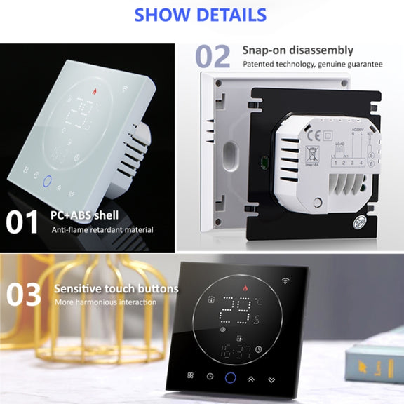 BHT-008GCL 95-240V AC 5A Smart Home Boiler Heating LED Thermostat Without WiFi(White)