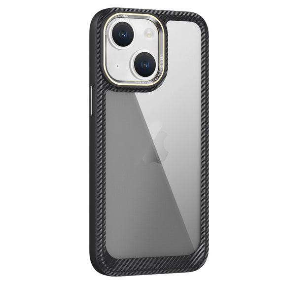 For iPhone 14 Carbon Fiber Transparent Back Panel Phone Case(Black + Transparent Black)