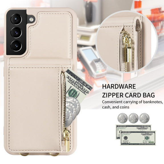 For Samsung Galaxy S21+ 5G Crossbody Lanyard Zipper Wallet Leather Phone Case(Beige)
