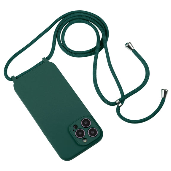 For iPhone 15 Pro Crossbody Lanyard Liquid Silicone Case(Pine Needle Green)