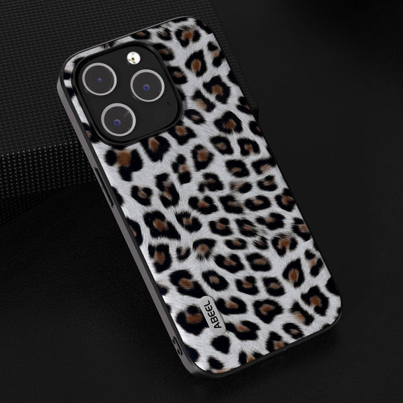 For iPhone 15 Pro Max ABEEL Black Edge Leopard Phone Case(Silver Leopard)