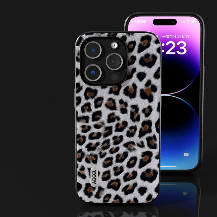 For iPhone 15 Pro Max ABEEL Black Edge Leopard Phone Case(Silver Leopard)