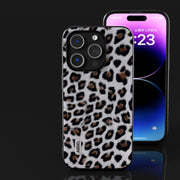 For iPhone 15 Pro Max ABEEL Black Edge Leopard Phone Case(Silver Leopard)