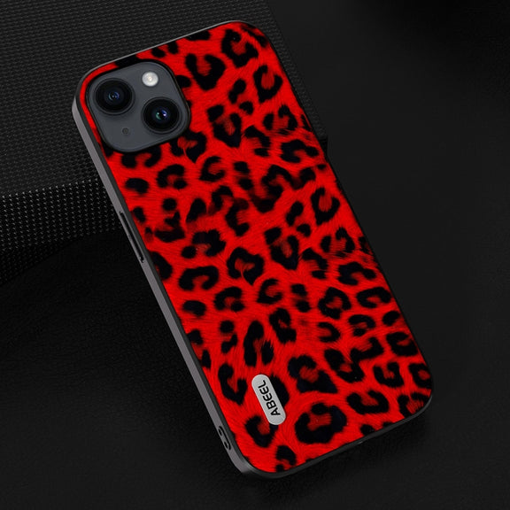 For iPhone 14 ABEEL Black Edge Leopard Phone Case(Red Leopard)