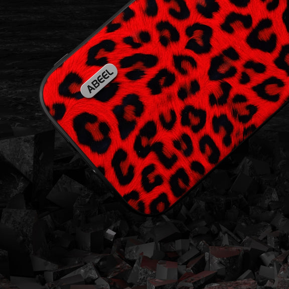 For iPhone 14 ABEEL Black Edge Leopard Phone Case(Red Leopard)
