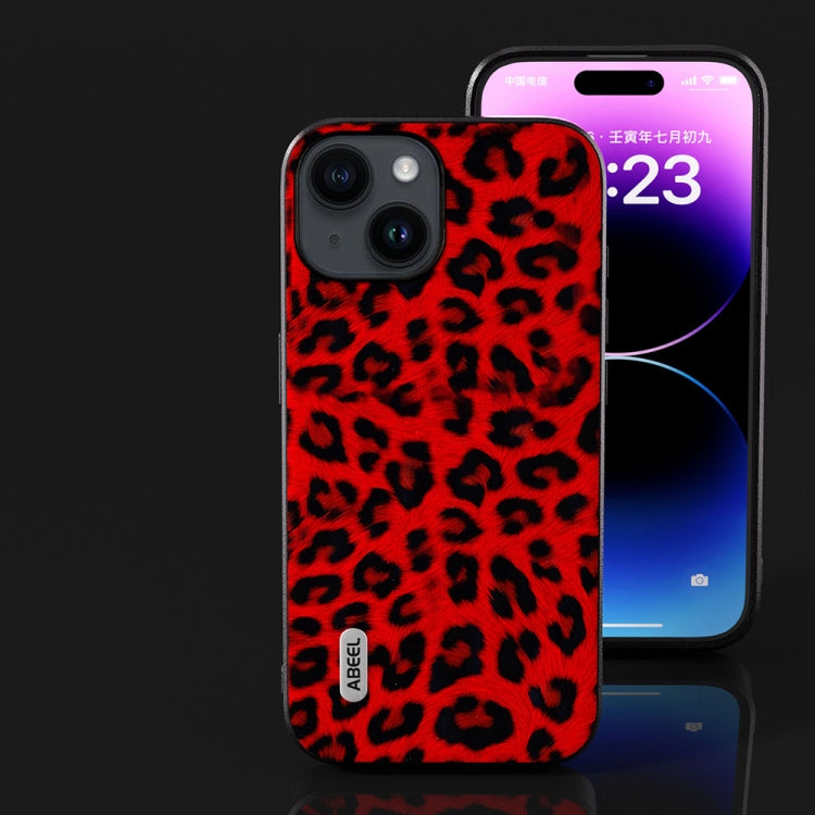 For iPhone 14 ABEEL Black Edge Leopard Phone Case(Red Leopard)