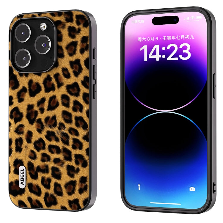For iPhone 14 Pro ABEEL Black Edge Leopard Phone Case(Golden Leopard)