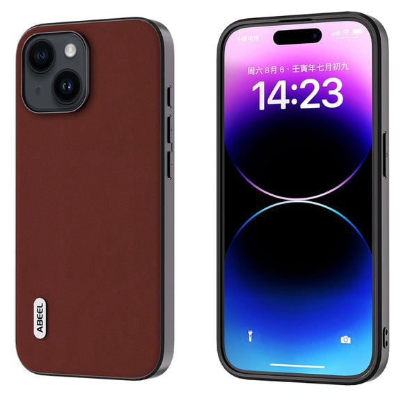 For iPhone 15 ABEEL Genuine Leather Silky Soft Black Edge Phone Case(Coffee)
