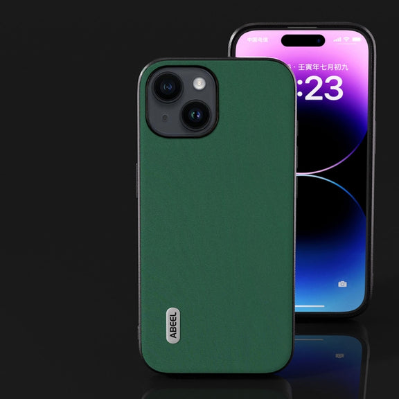 For iPhone 14 Plus ABEEL Genuine Leather Silky Soft Black Edge Phone Case(Green)