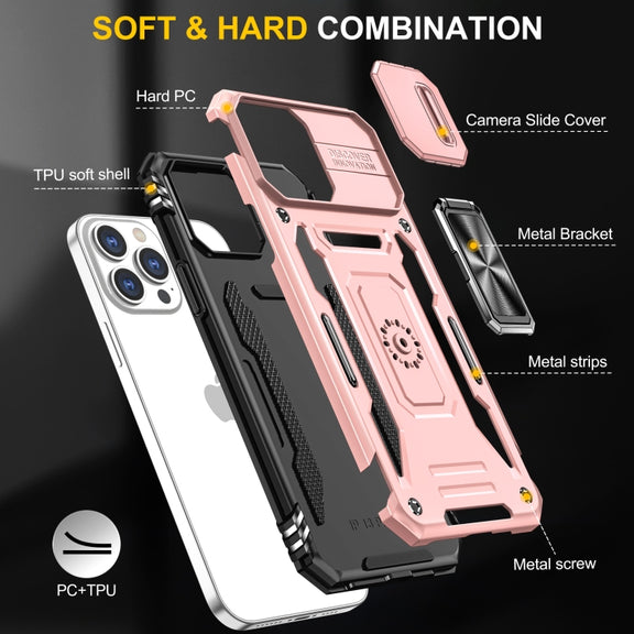 For iPhone 15 Pro Max Armor PC + TPU Camera Shield Phone Case(Rose Gold)