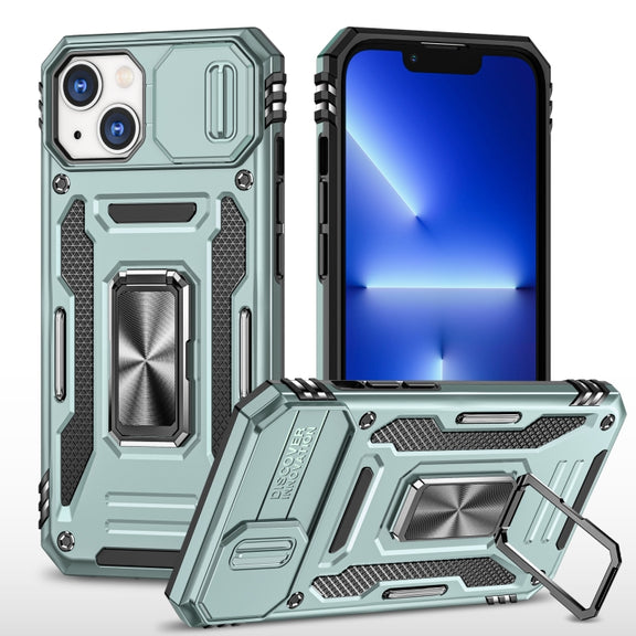 For iPhone 15 Armor PC + TPU Camera Shield Phone Case(Alpine Green)