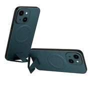For iPhone 14 Plus SULADA Folding Holder Lambskin Texture MagSafe Phone Case(Green)