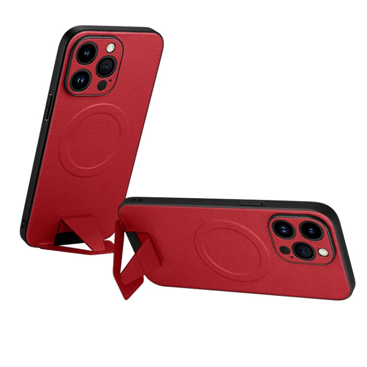 For iPhone 14 Pro Max SULADA Folding Holder Lambskin Texture MagSafe Phone Case(Red)