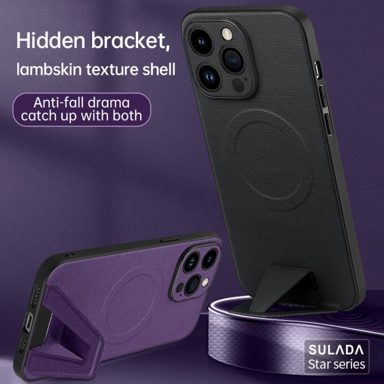 For iPhone 14 Pro Max SULADA Folding Holder Lambskin Texture MagSafe Phone Case(Red)