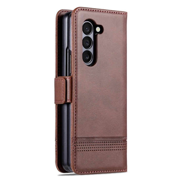 For Samsung Galaxy Z Fold5 5G AZNS Magnetic Calf Texture Flip Leather Phone Case(Dark Brown)