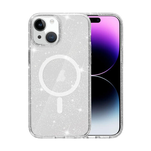 For iPhone 15 Plus Terminator Style Glitter Powder MagSafe Magnetic Phone Case(White)