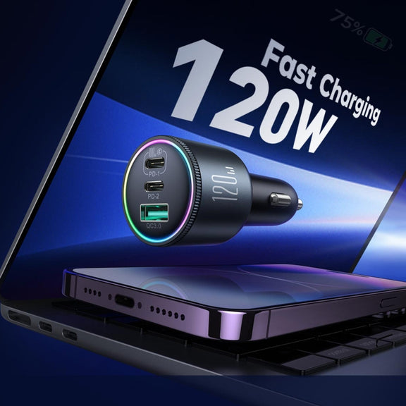 JOYROOM JR-CCN07 120W Dual PD+QC3.0 3-Port Car Charger(Dark Gray)
