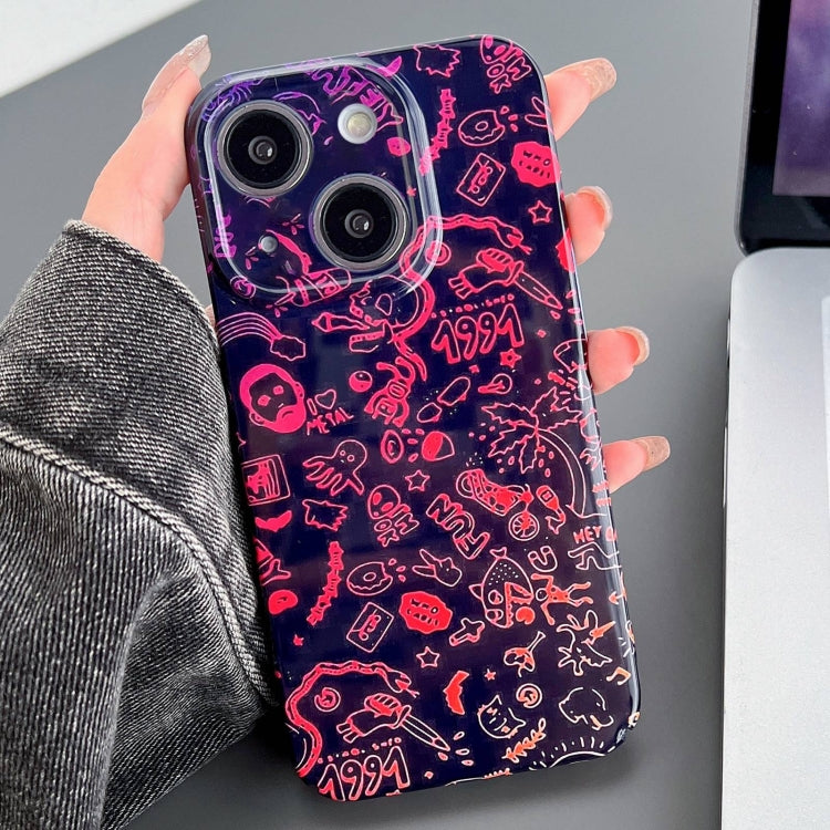For iPhone 15 Plus Painted Pattern Precise Hole PC Phone Case(Black Red Graffiti)